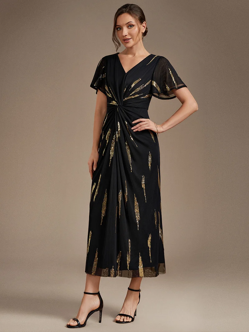 Short Sleeve Ruffle Sheath V-Neck Dress (Black Gold) (Made To Order)