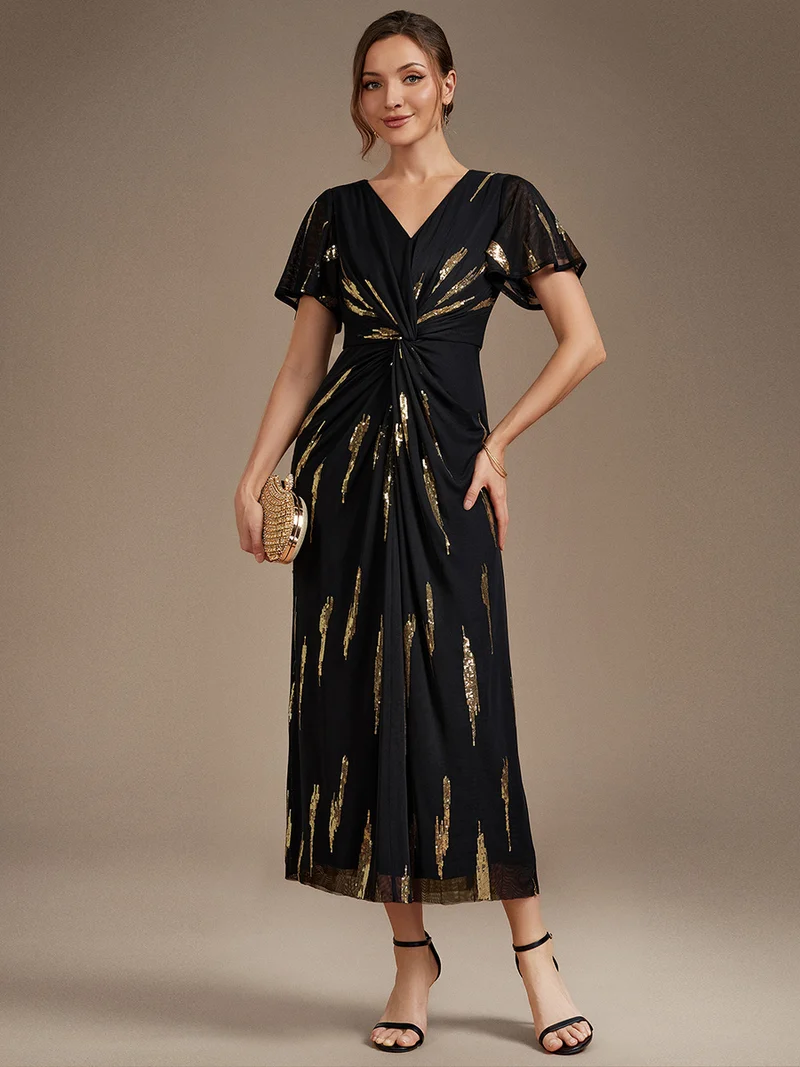 Short Sleeve Ruffle Sheath V-Neck Dress (Black Gold) (Made To Order)