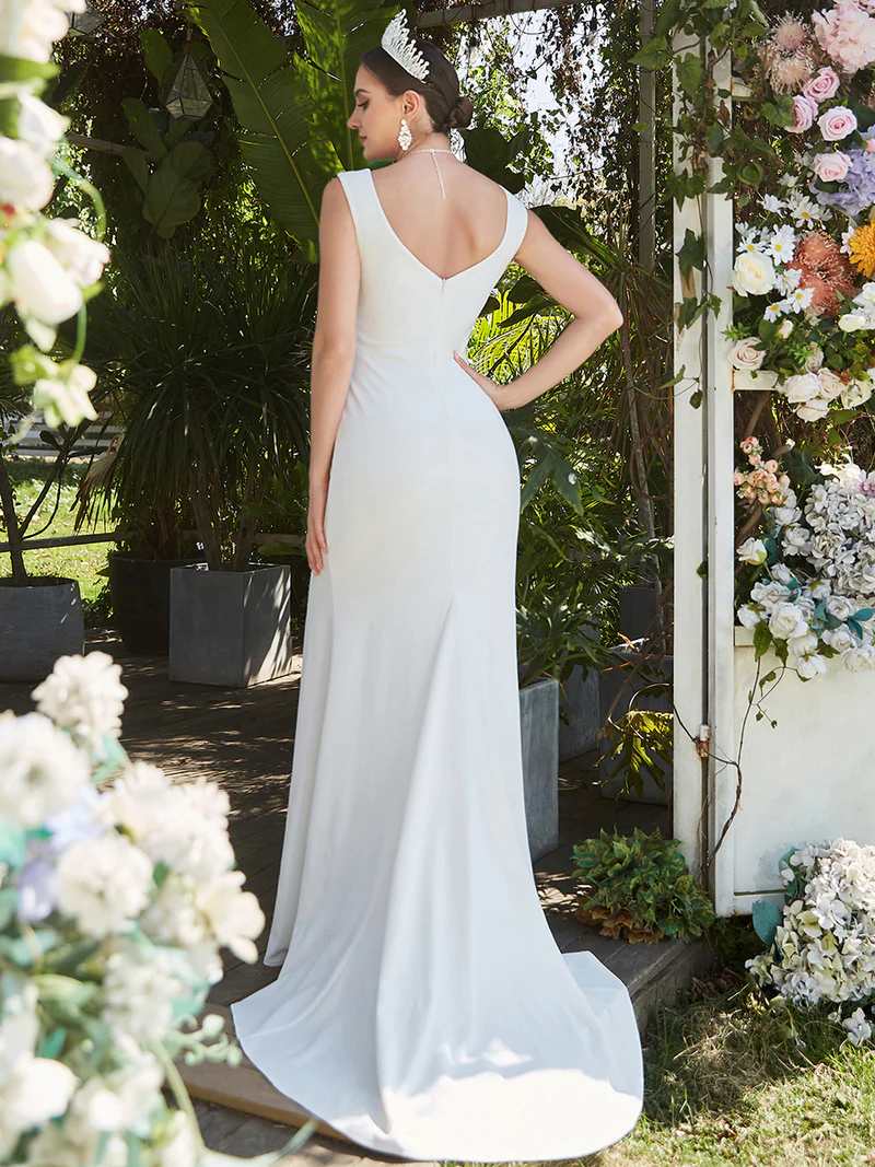 Deep V Neck Fishtail Sleeveless Split Wedding Dresses (Made To Order)