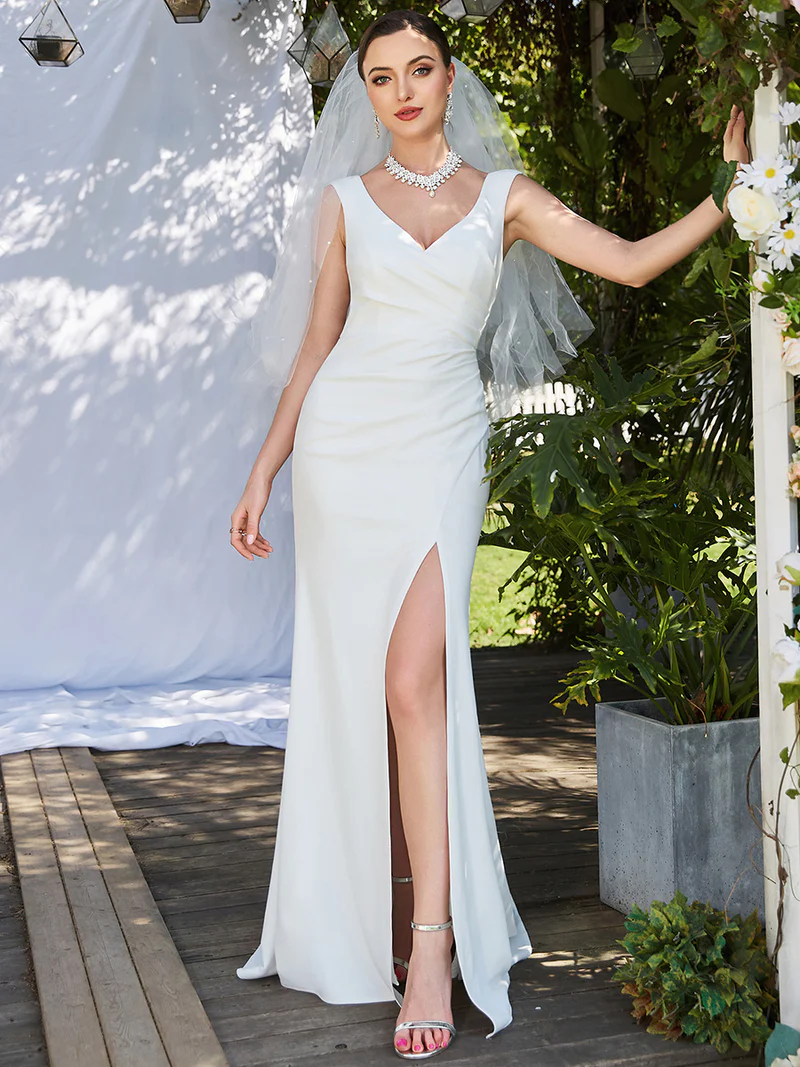 Deep V Neck Fishtail Sleeveless Split Wedding Dresses (Made To Order)