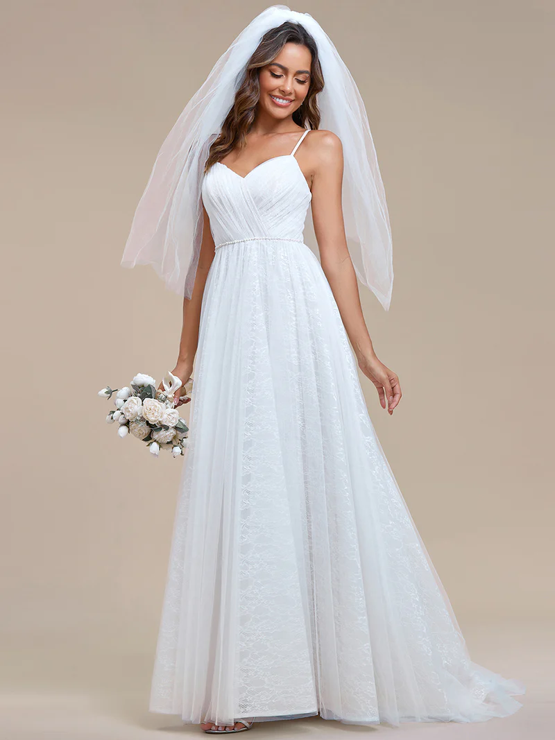 Elegant Spaghetti Straps Lace Mesh Wedding Gown (Made To Order)