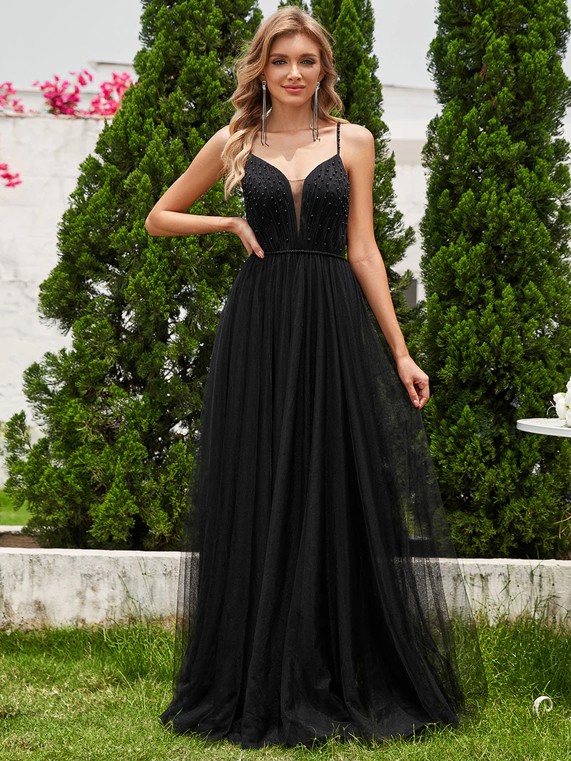Exquisite Beaded V Neck Tulle Gown (Black) (Made To Order)