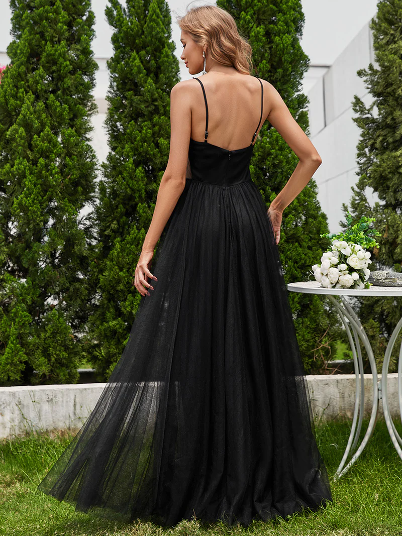 Exquisite Beaded V Neck Tulle Gown (Black) (Made To Order)