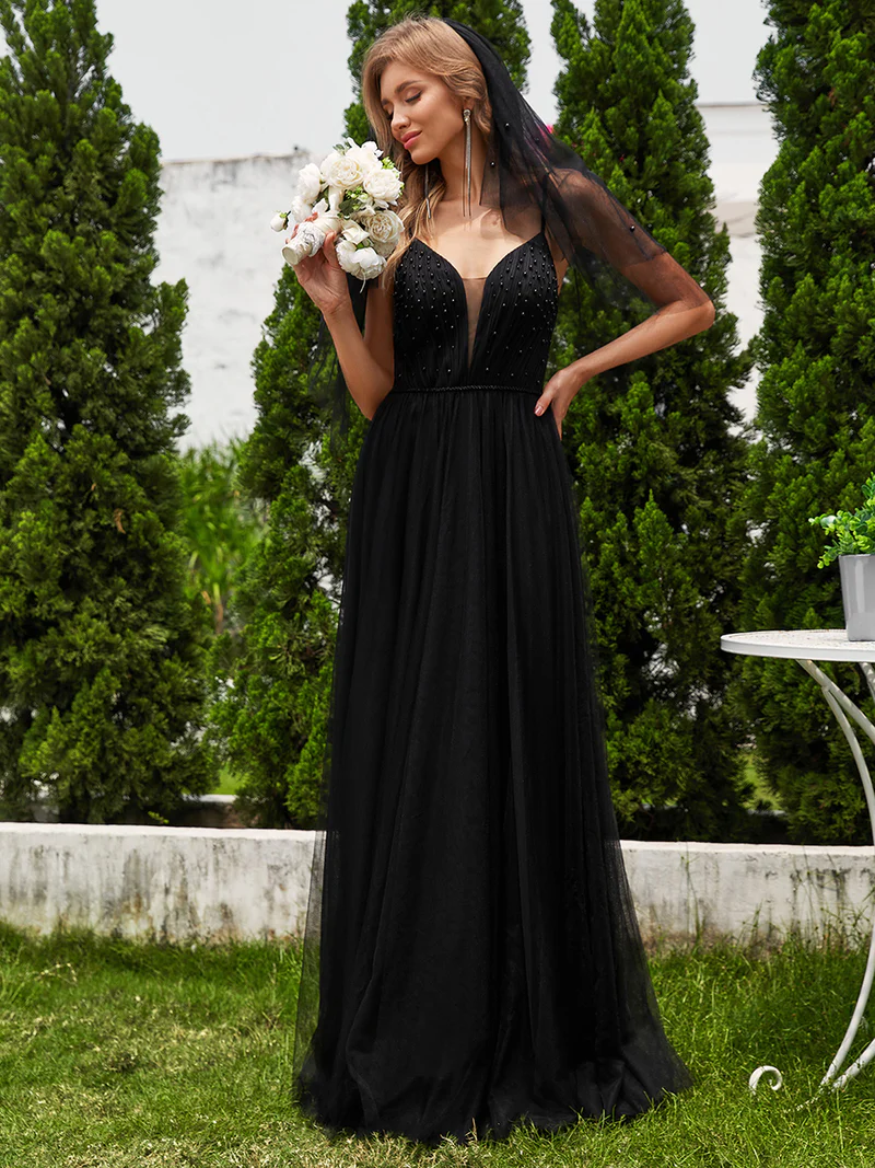 Exquisite Beaded V Neck Tulle Gown (Black) (Made To Order)