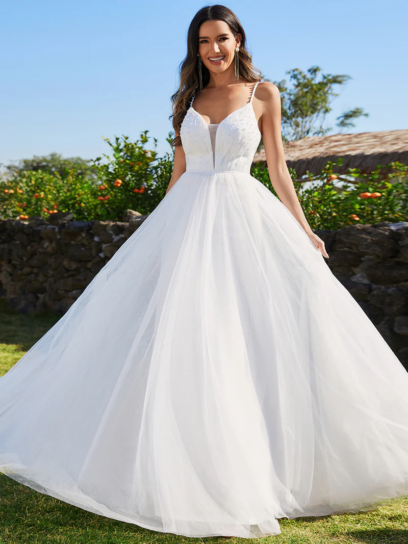 Exquisite Beaded V Neck Tulle Pastel Gown (White) (Made To Order)