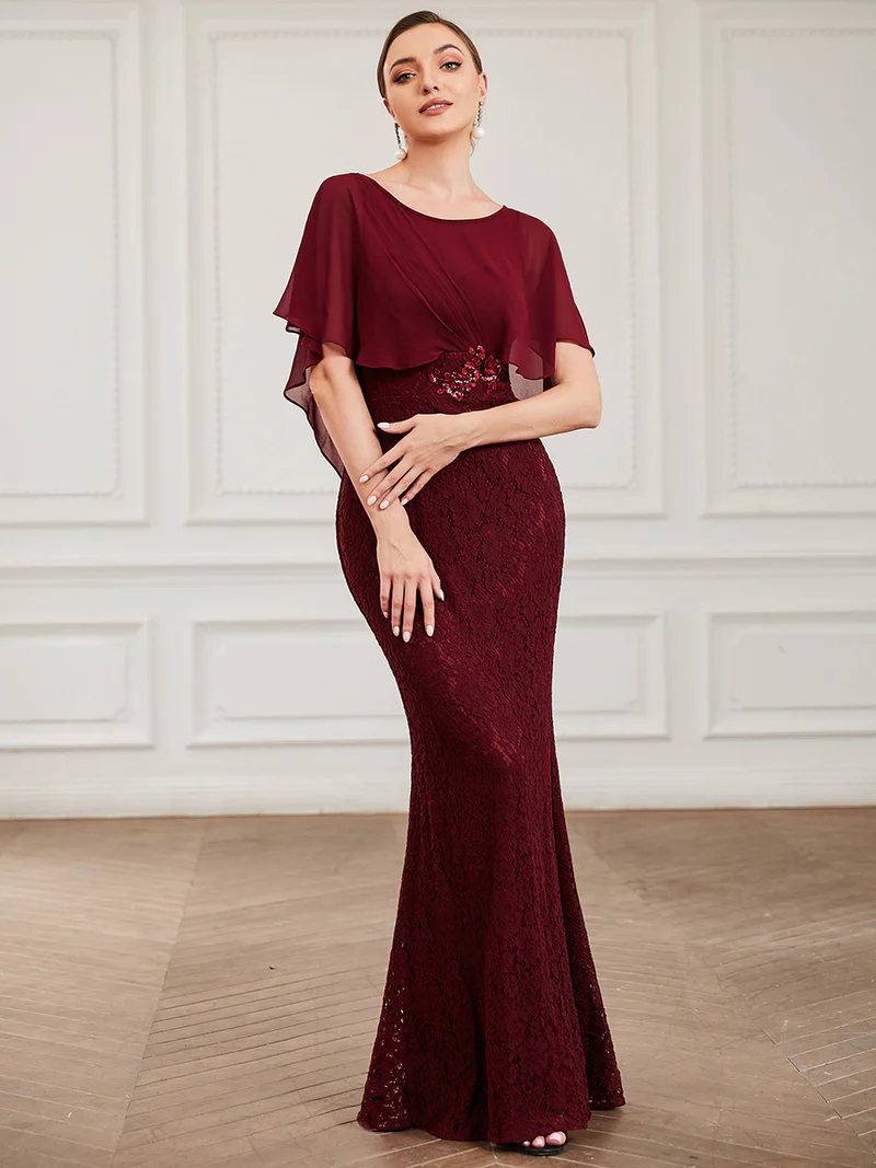 Coverup Chiffon With Lace Fishtail Evening Gown (Maroon) (Retail)