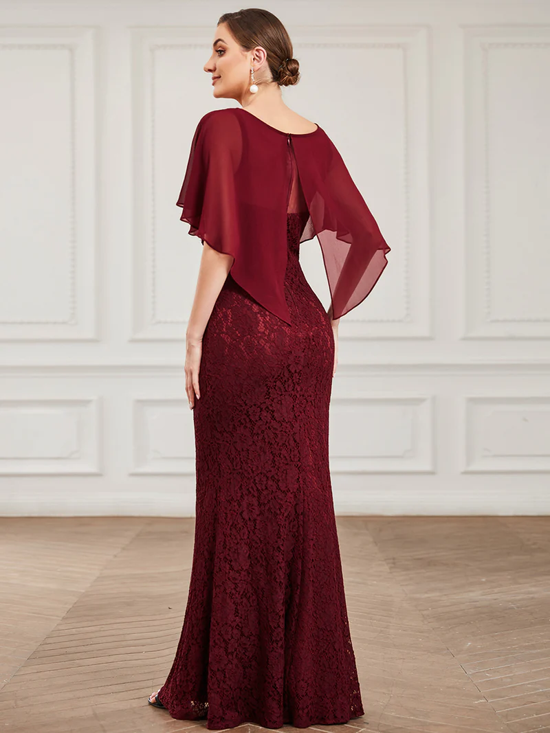 Coverup Chiffon With Lace Fishtail Evening Gown (Maroon) (Retail)