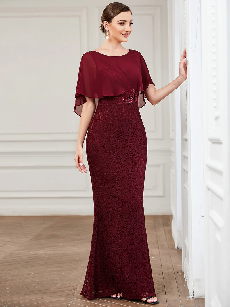 Elegant Plus Size Ruffles Sleeve Lace Mermaid Gowns (Maroon) (Made To Order)