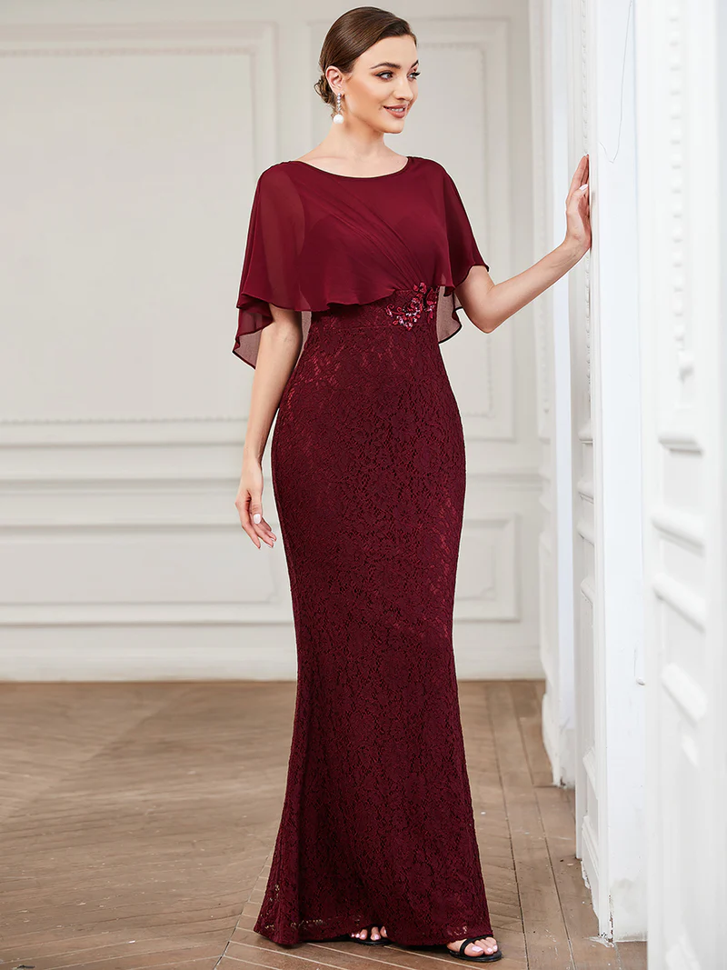 Coverup Chiffon With Lace Fishtail Evening Gown (Maroon) (Retail)