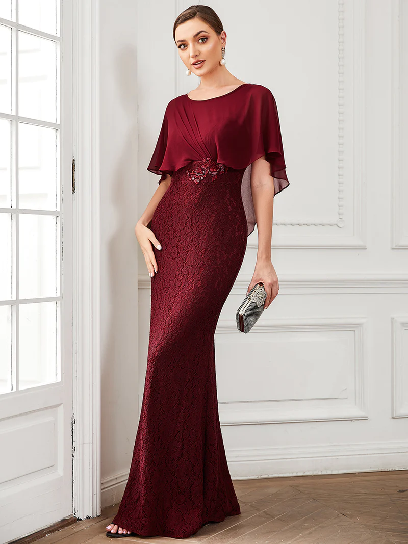 Coverup Chiffon With Lace Fishtail Evening Gown (Maroon) (Retail)