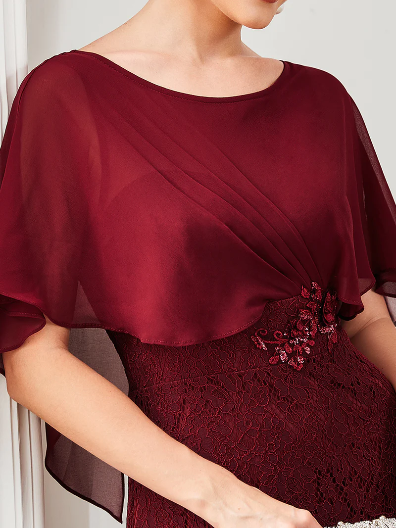 Coverup Chiffon With Lace Fishtail Evening Gown (Maroon) (Retail)