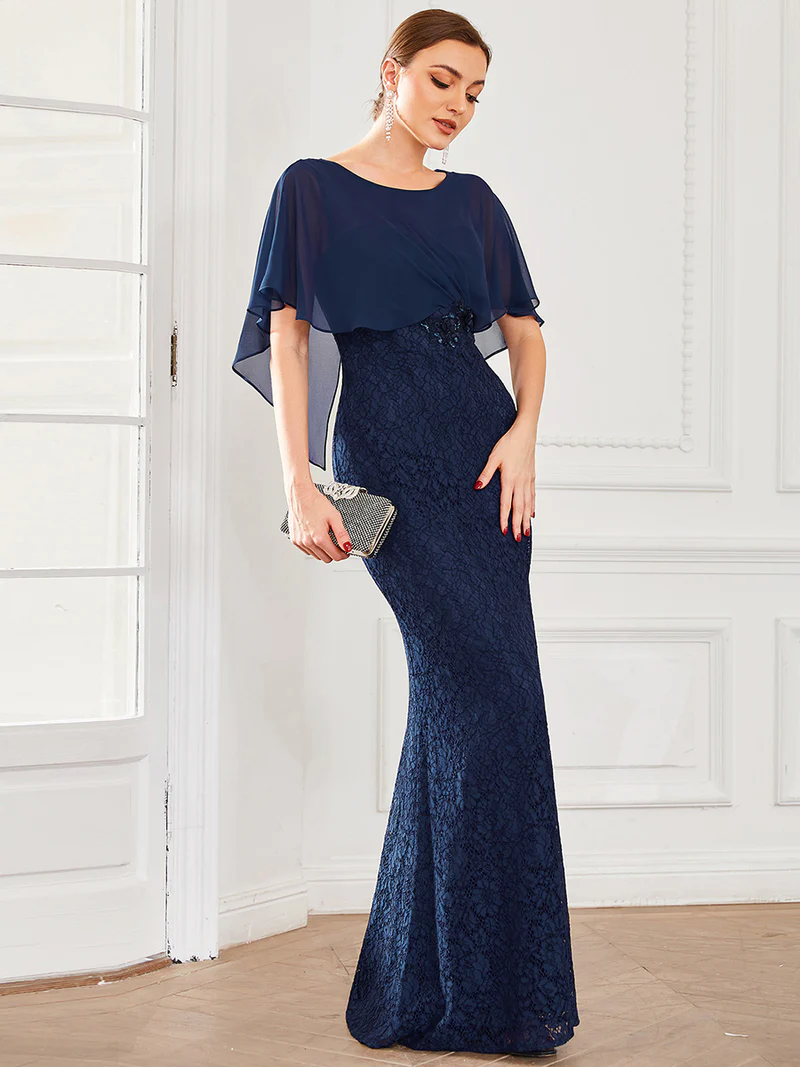 Elegant Plus Size Ruffles Sleeve Lace Mermaid Gowns (Navy Blue) (Made To Order)