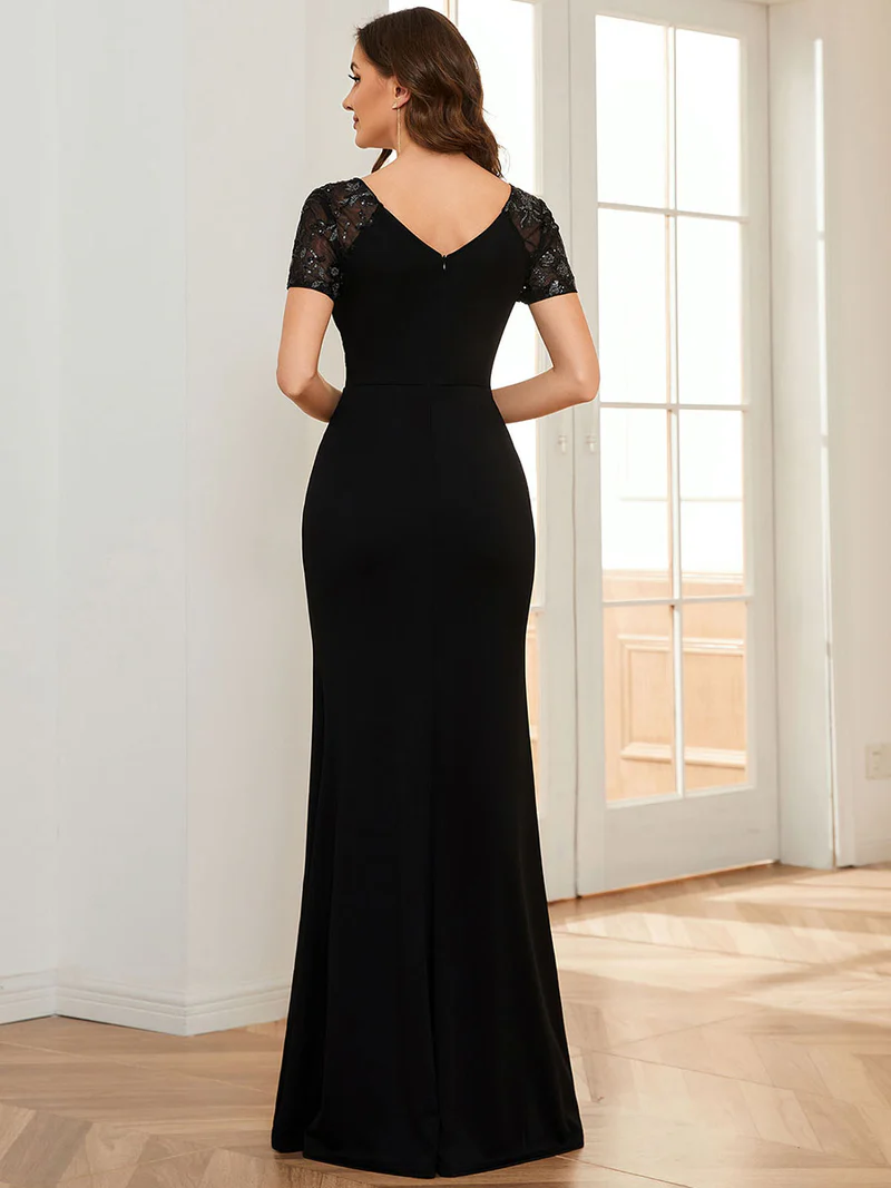 Deep-V Side Split Appliques Ruched Evening Dress (Black) (Made To Order)