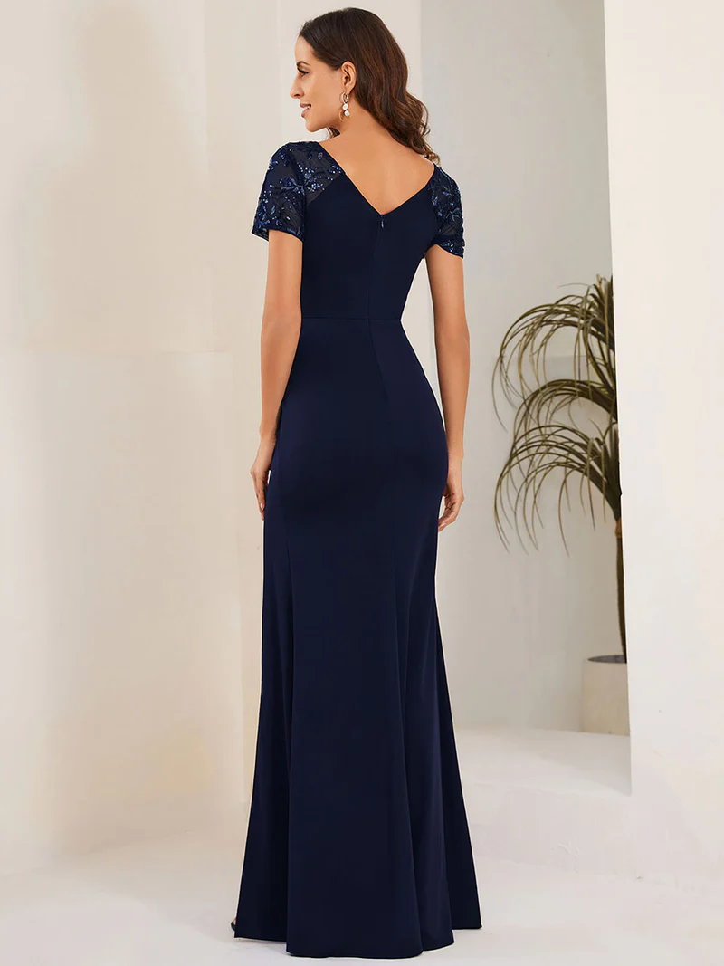 Deep-V Side Split Appliques Ruched Evening Dress (Navy Blue) (Made To Order)