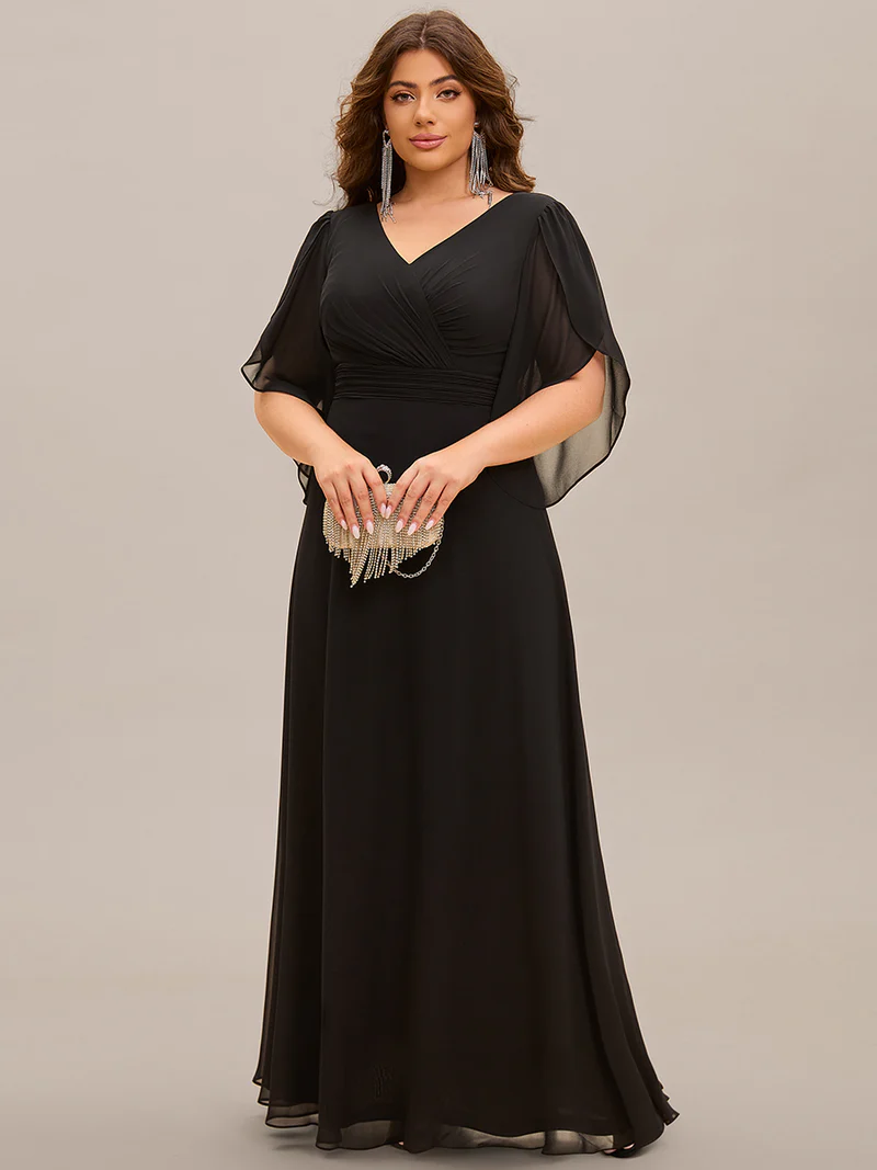 Plus Size Elegant A-Line Half Bud Sleeves Chiffon Evening Dresses (Black) (Made To Order)
