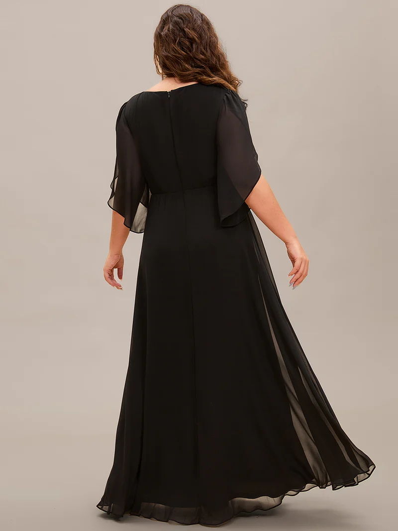 Plus Size Elegant A-Line Half Bud Sleeves Chiffon Evening Dresses (Black) (Made To Order)