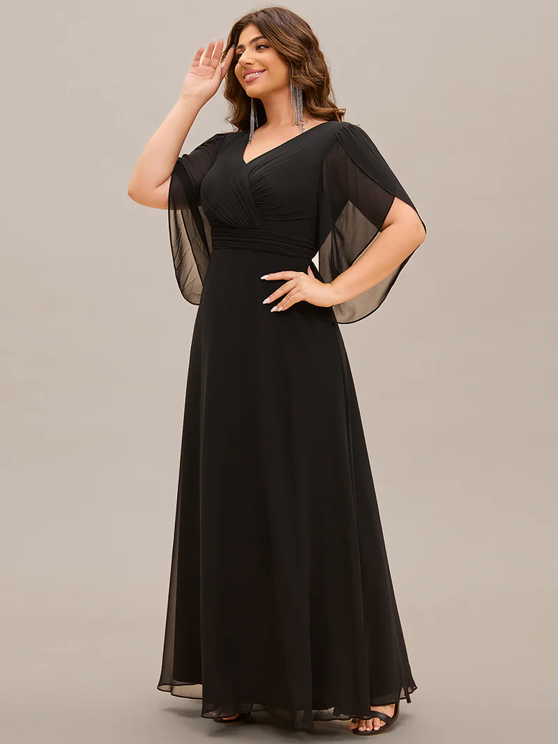 Plus Size Elegant A-Line Half Bud Sleeves Chiffon Evening Dresses (Black) (Made To Order)