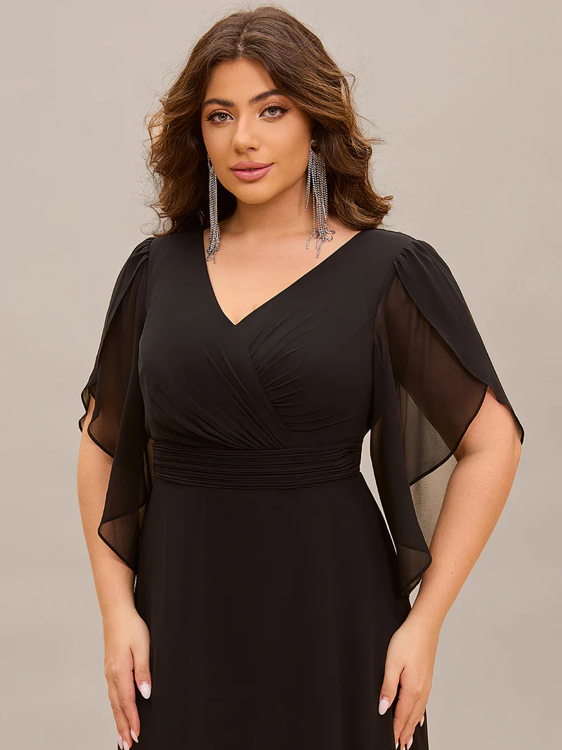 Plus Size Elegant A-Line Half Bud Sleeves Chiffon Evening Dresses (Black) (Made To Order)