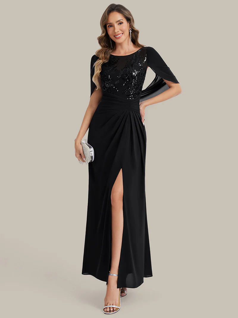 Cape Sleeve Round Neckline Gathered Evening Gown (Black) (Make To Order)