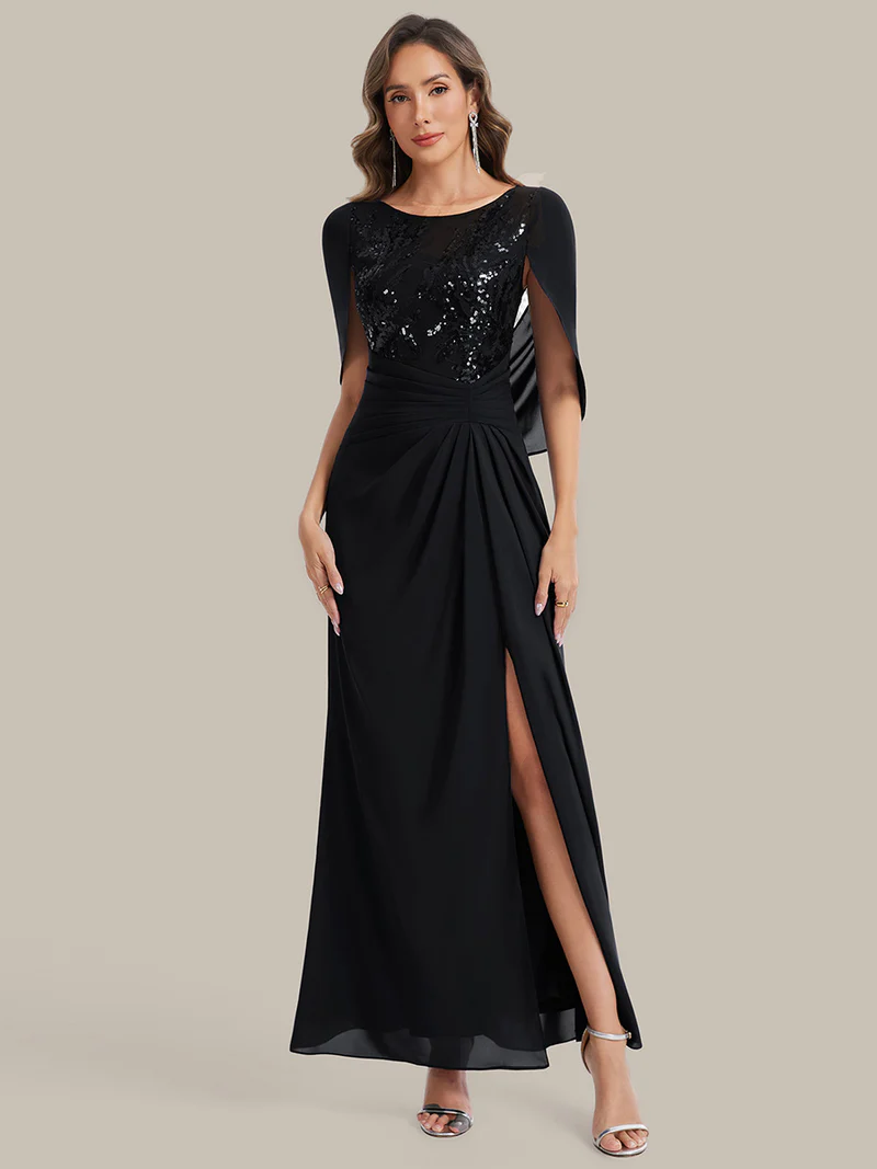 Cape Sleeve Round Neckline Gathered Evening Gown (Black) (Make To Order)