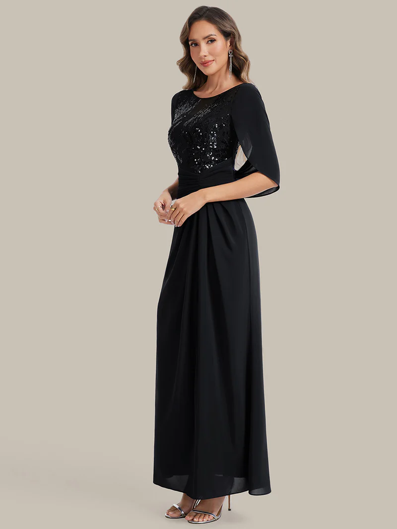 Cape Sleeve Round Neckline Gathered Evening Gown (Black) (Make To Order)