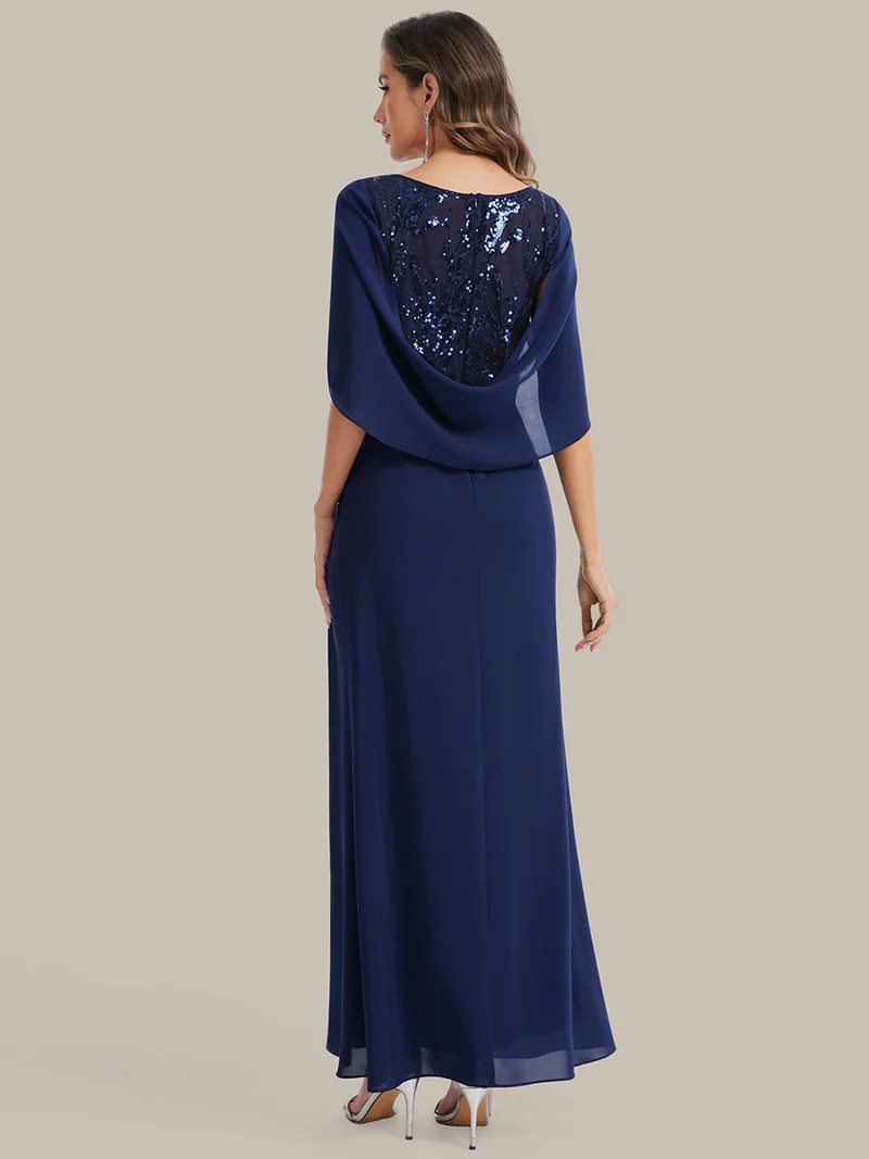 Cape Sleeve Round Neckline Gathered Evening Gown (Navy Blue) (Make To Order)