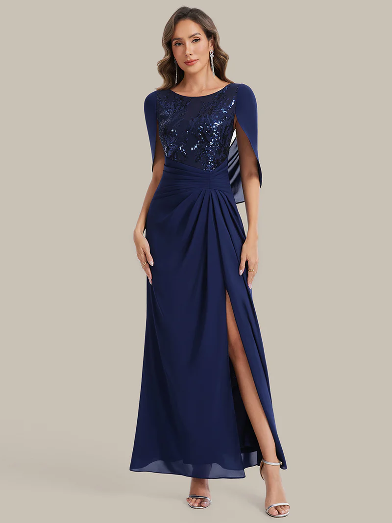 Cape Sleeve Round Neckline Gathered Evening Gown (Navy Blue) (Make To Order)