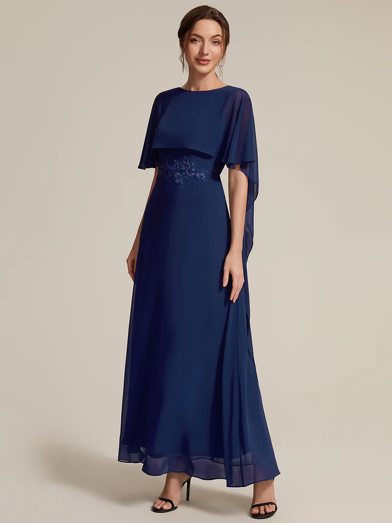 Elegant Cape Sleeve with Embroidered Waist Evening Gown (Navy Blue) (Made To Order)