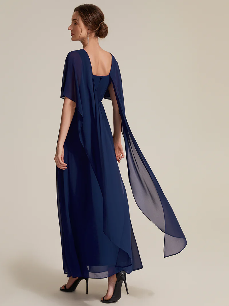 Elegant Cape Sleeve with Embroidered Waist Evening Gown (Navy Blue) (Made To Order)