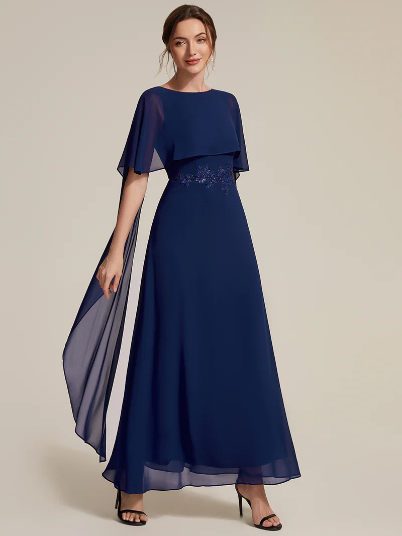 Elegant Cape Sleeve with Embroidered Waist Evening Gown (Navy Blue) (Made To Order)