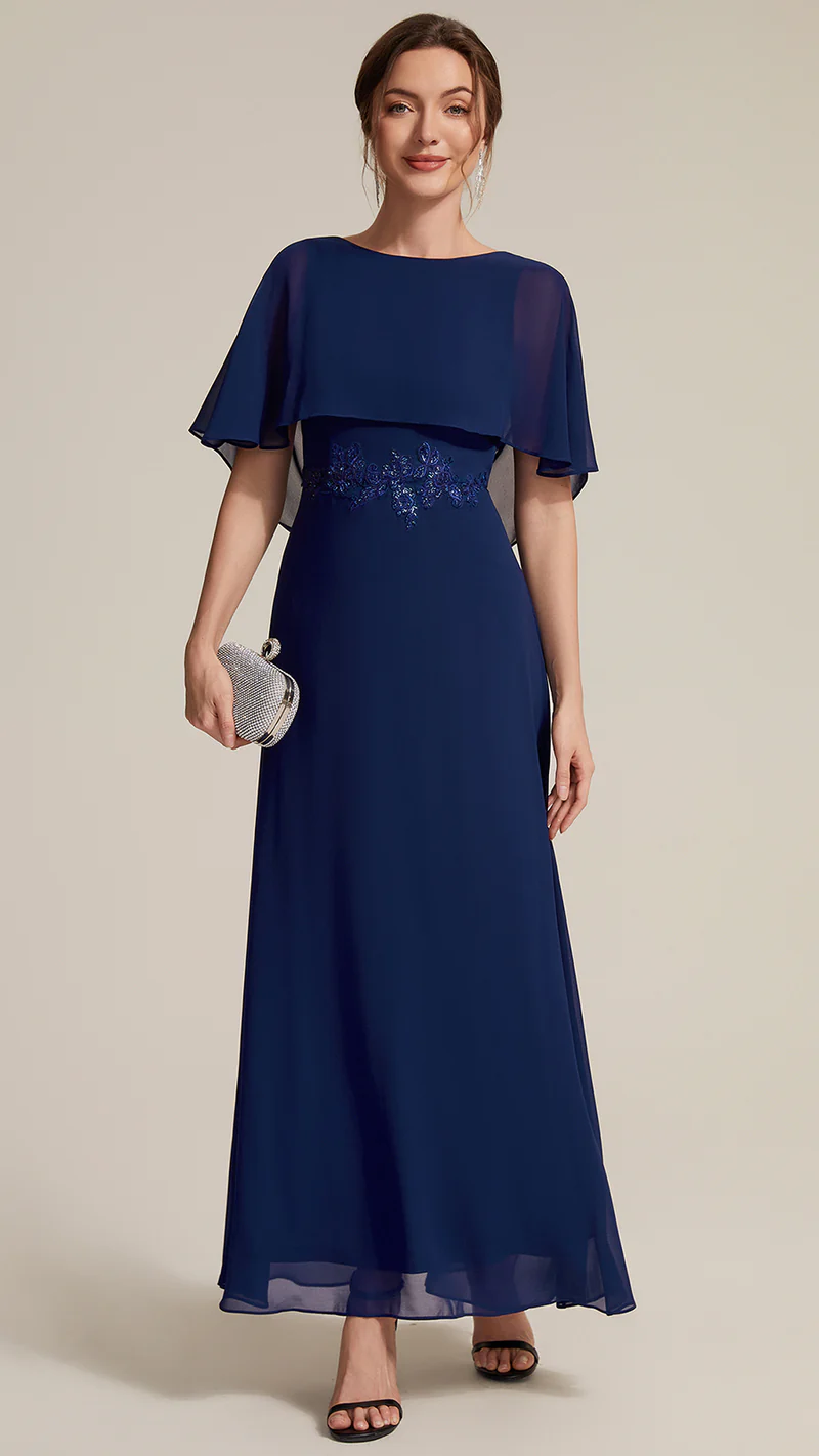 Elegant Cape Sleeve with Embroidered Waist Evening Gown (Navy Blue) (Made To Order)