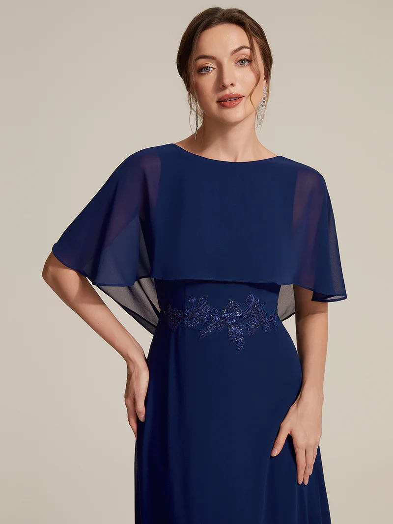Elegant Cape Sleeve with Embroidered Waist Evening Gown (Navy Blue) (Made To Order)