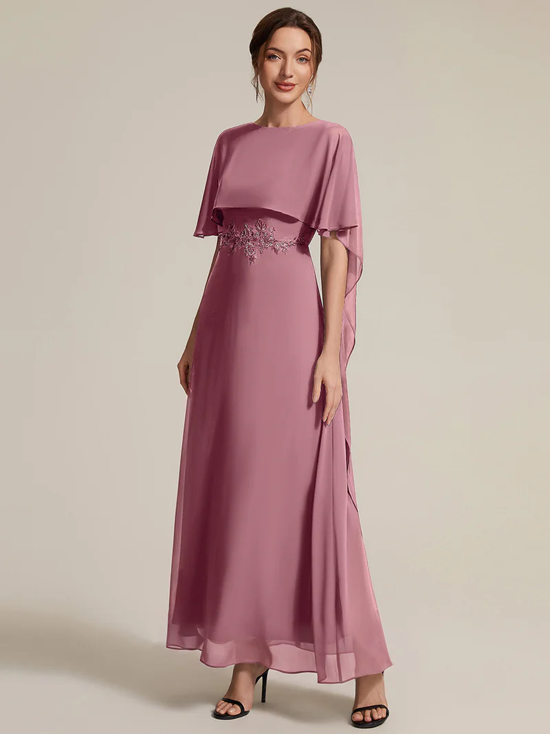 Elegant Cape Sleeve with Embroidered Waist Evening Gown (Orchid) (Made To Order)