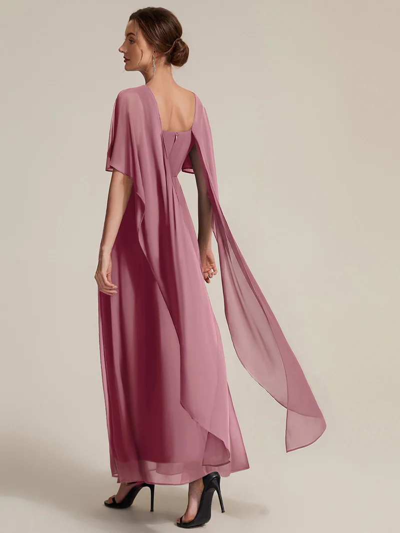 Elegant Cape Sleeve with Embroidered Waist Evening Gown (Orchid) (Made To Order)