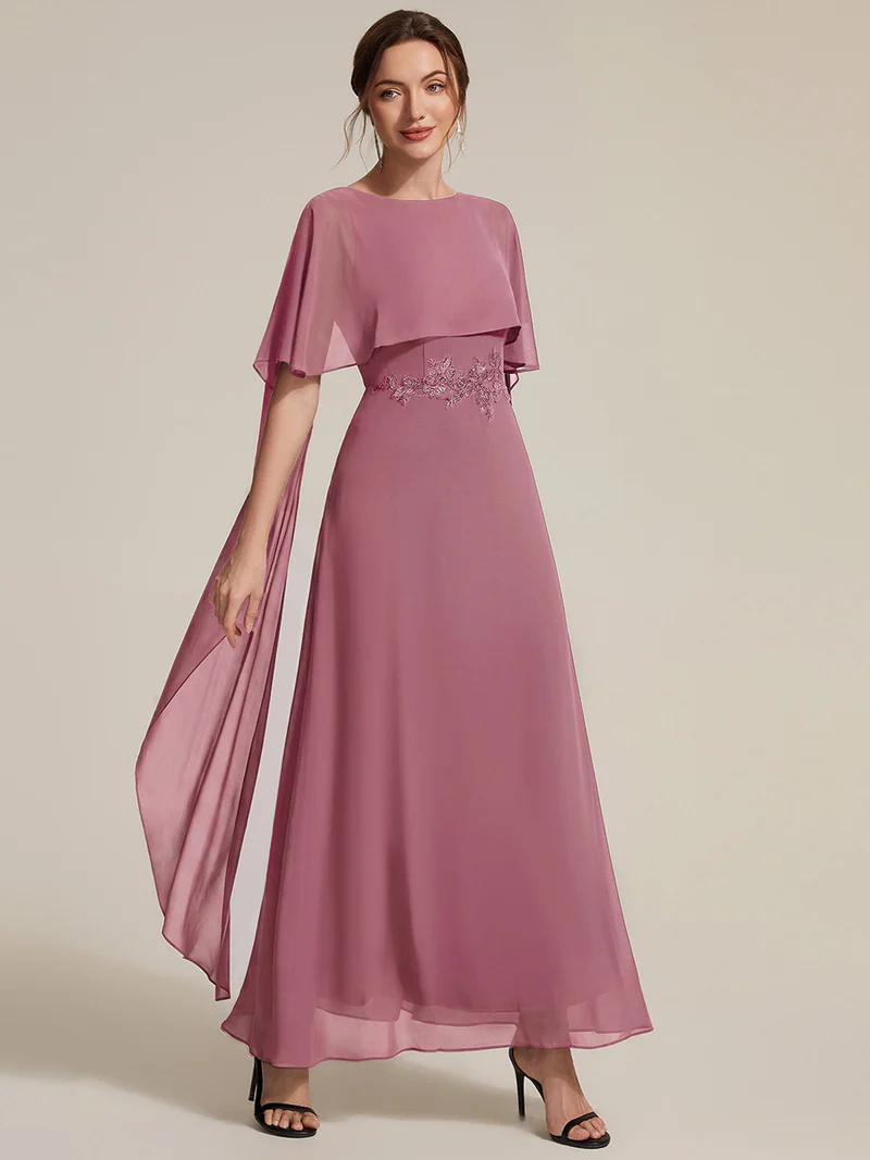 Elegant Cape Sleeve with Embroidered Waist Evening Gown (Orchid) (Made To Order)