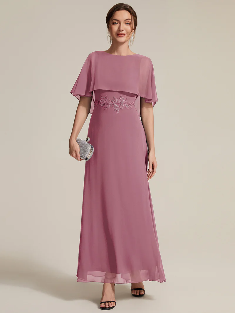 Elegant Cape Sleeve with Embroidered Waist Evening Gown (Orchid) (Made To Order)