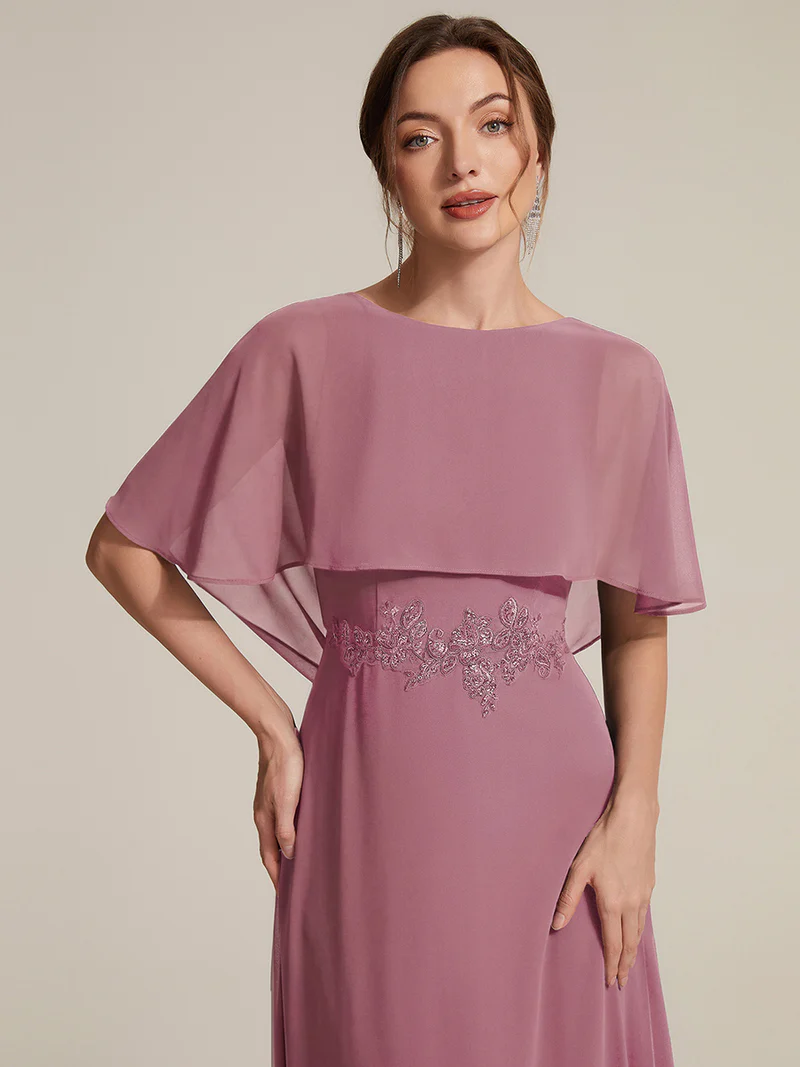 Elegant Cape Sleeve with Embroidered Waist Evening Gown (Orchid) (Made To Order)