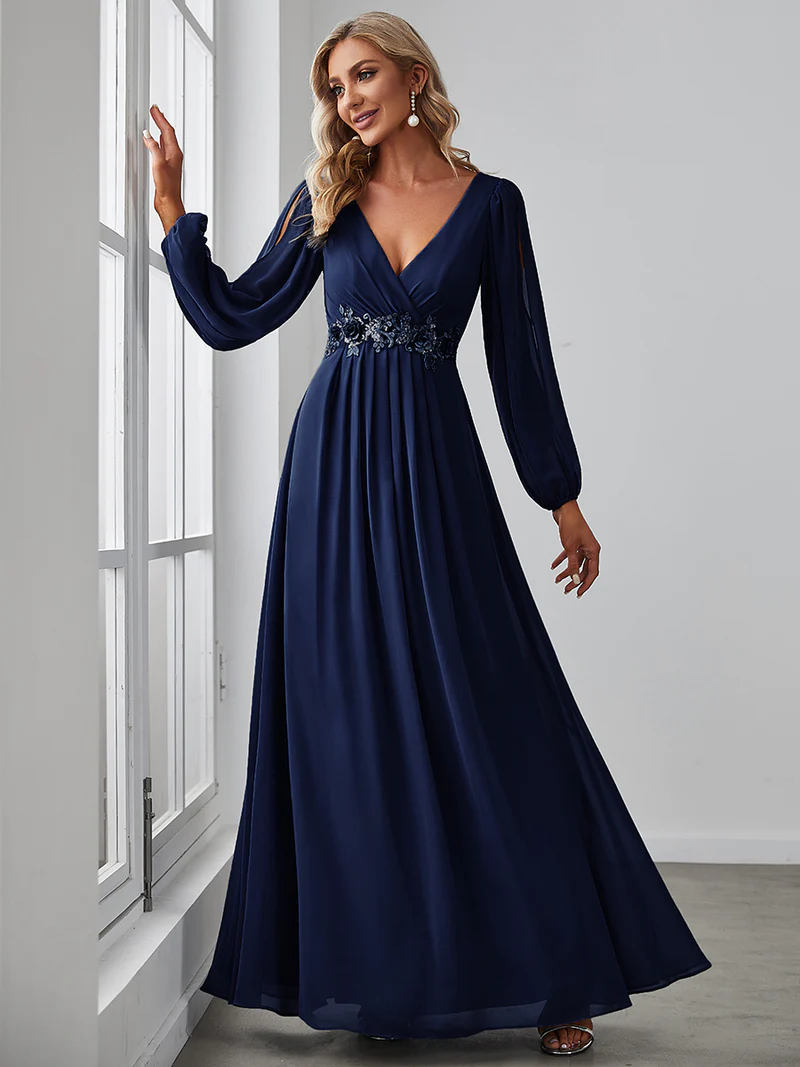 Long Lantern Sleeves V-Neck A-Line Evening Gowns (Navy Blue) (Made To Order)