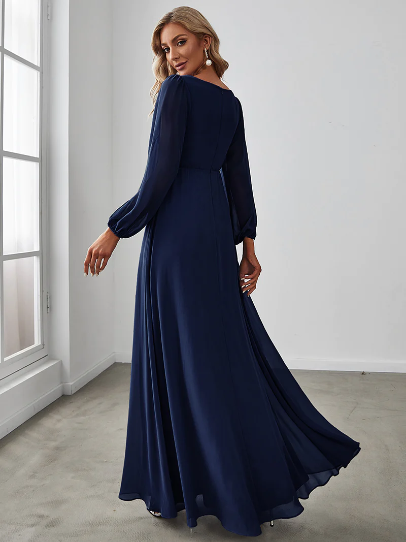 Long Lantern Sleeves V-Neck A-Line Evening Gowns (Navy Blue) (Made To Order)
