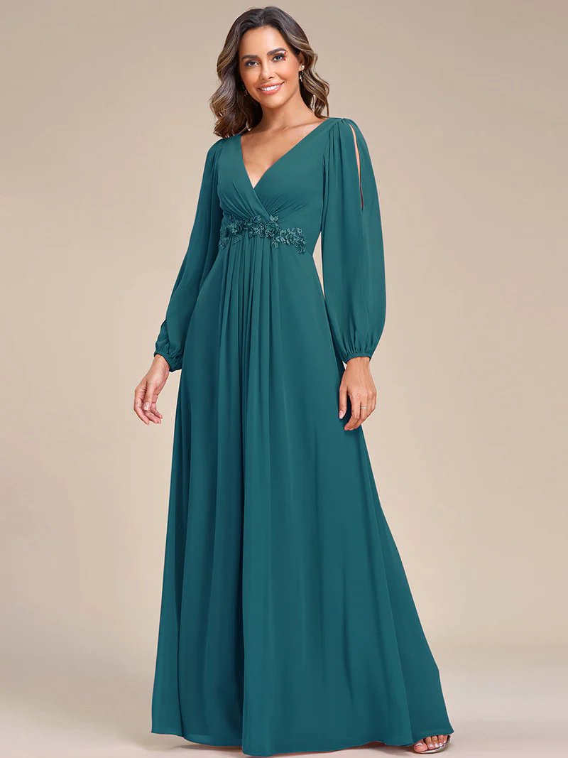 Long Lantern Sleeves V-Neck A-Line Evening Gowns (Teal) (Retail)
