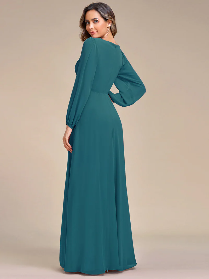 Long Lantern Sleeves V-Neck A-Line Evening Gowns (Teal) (Retail)