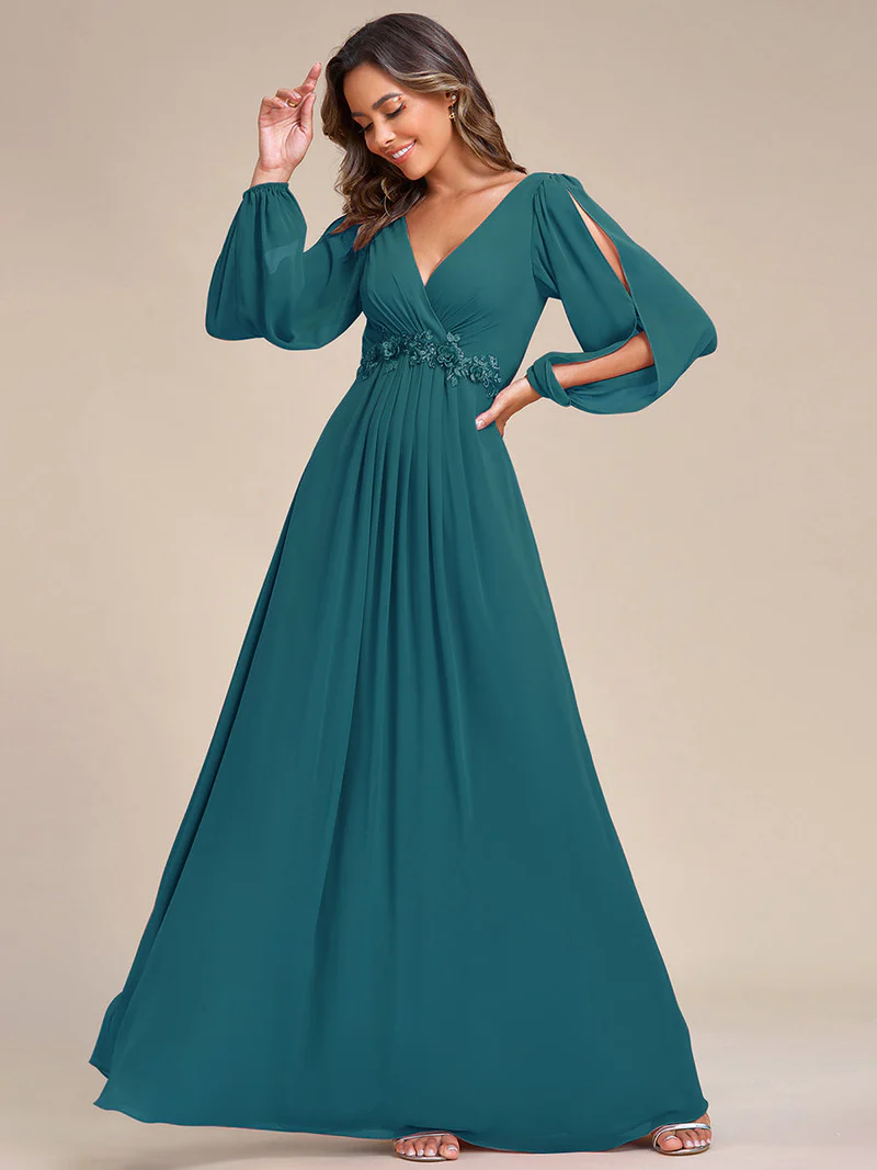 Long Lantern Sleeves V-Neck A-Line Evening Gowns (Teal) (Retail)