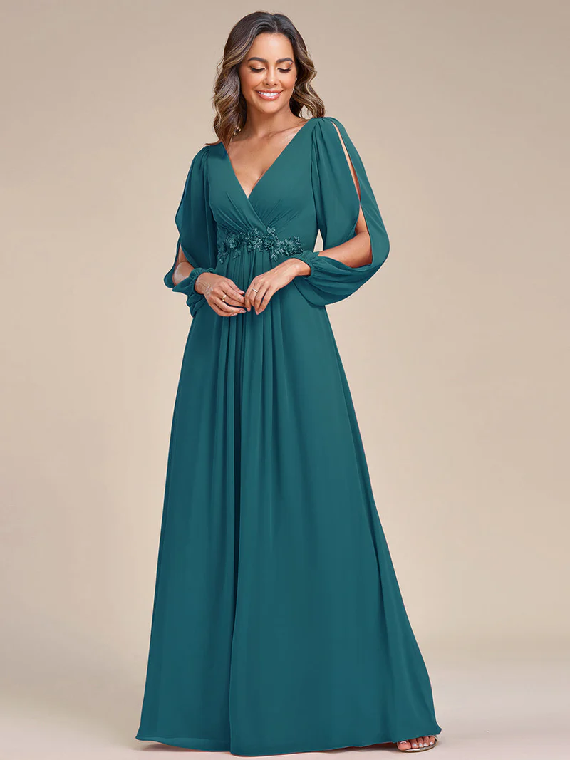 Long Lantern Sleeves V-Neck A-Line Evening Gowns (Teal) (Retail)