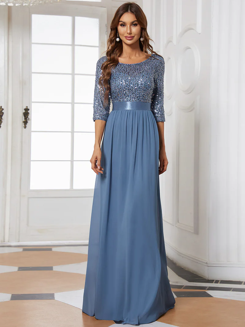 Half Sleeves Sequins A-Line Evening Gown (Dusty Navy) (Made To Order)