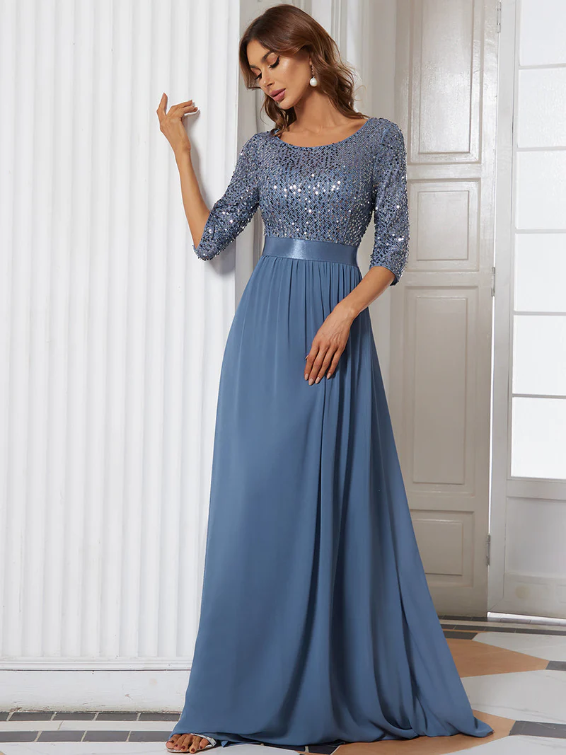 Half Sleeves Sequins A-Line Evening Gown (Dusty Navy) (Made To Order)