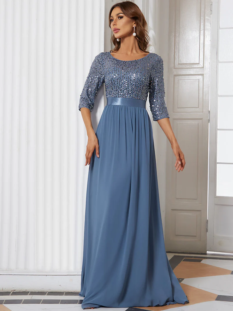 Half Sleeves Sequins A-Line Evening Gown (Dusty Navy) (Made To Order)
