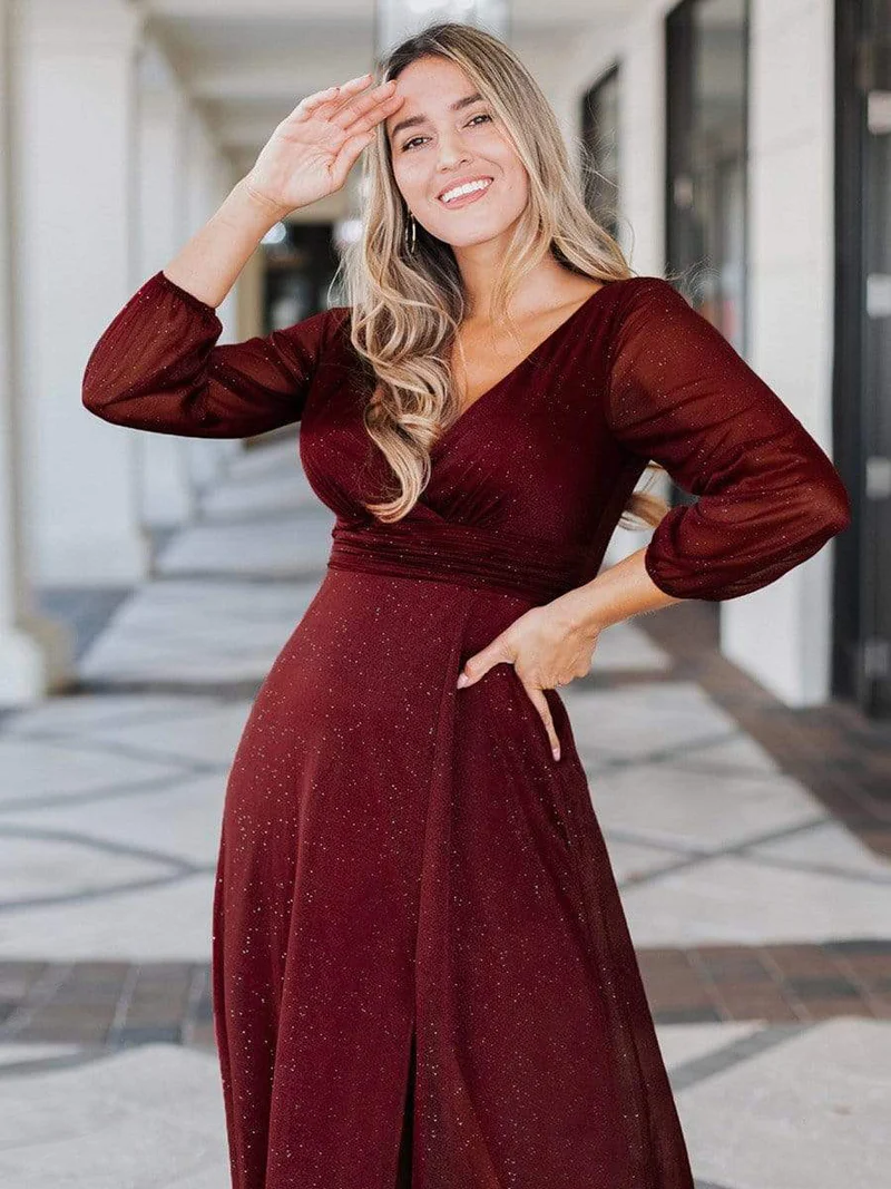 Sexy V-Neck Shiny Evening Dresses With Long Sleeve (Burgundy) (Made To Order)
