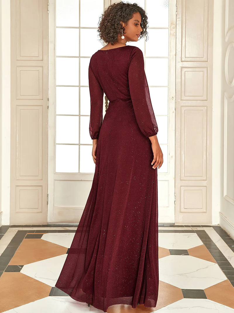 Sexy V-Neck Shiny Evening Dresses With Long Sleeve (Burgundy) (Made To Order)