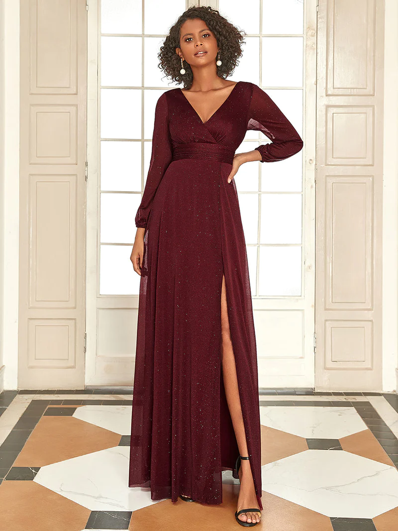 Sexy V-Neck Shiny Evening Dresses With Long Sleeve (Burgundy) (Made To Order)