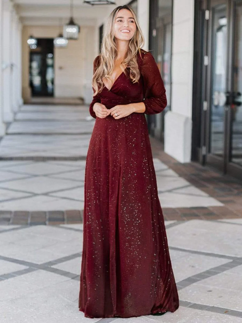 Sexy V-Neck Shiny Evening Dresses With Long Sleeve (Burgundy) (Made To Order)